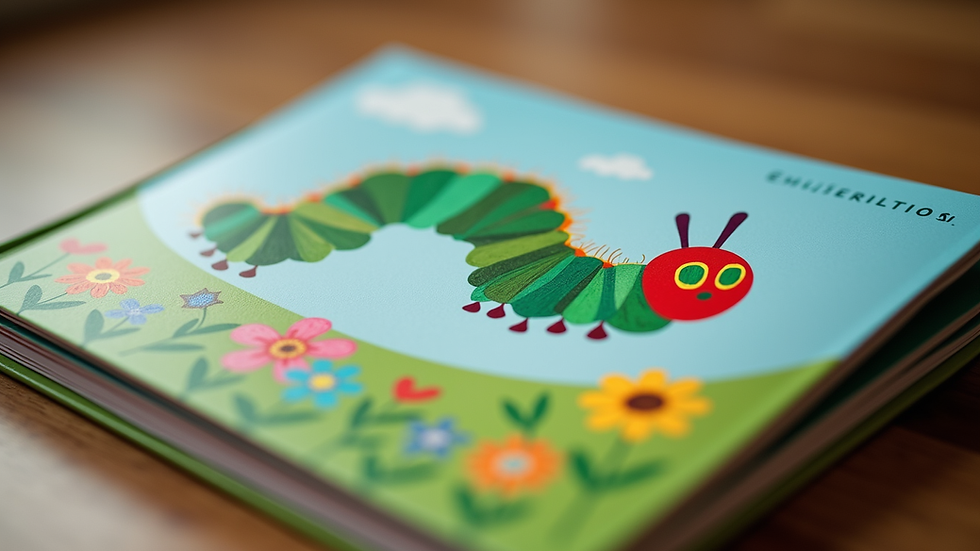 Close-up view of a colorful children's book featuring a caterpillar