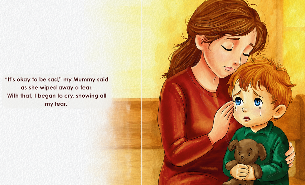 Close-up view of an open picture book with colourful illustrations about grief