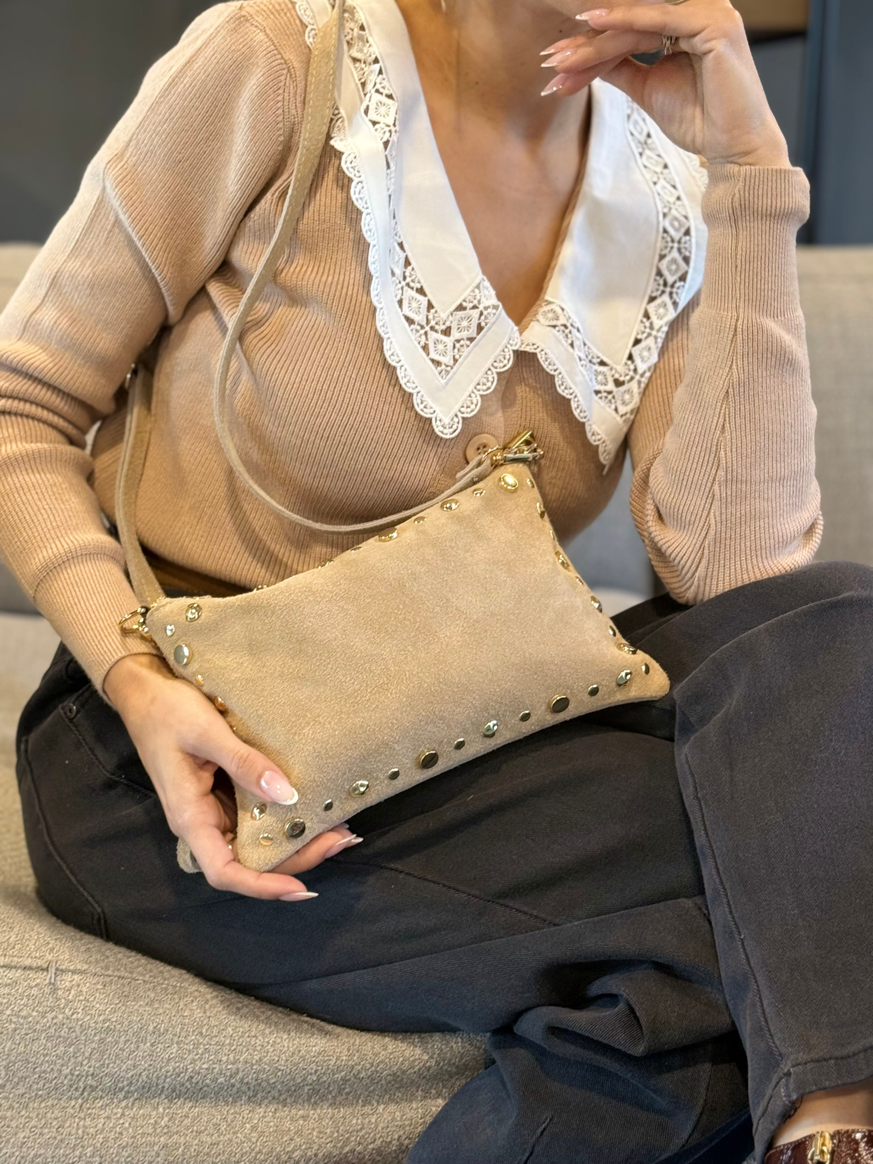 Sac bandoulière cuir daim beige femme
