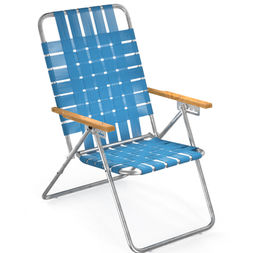 Sillón Pampa de aluminio con cintas de polipropileno, reclinable 5 posiciones, ultra compacto y liviano, posabrazos de madera