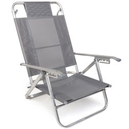 Reposera Beta de aluminio bajo reforzado, tela coversol, plegado compacto y reclinable totalmente. Fabricada en Argentina