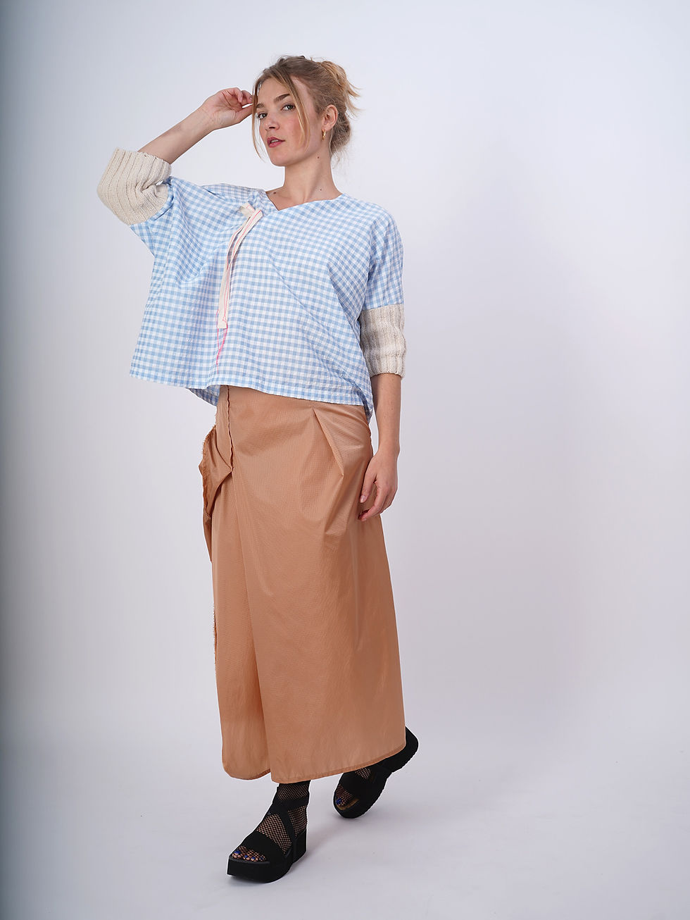 Thumbnail: Blue Top With Knitted Sleeves