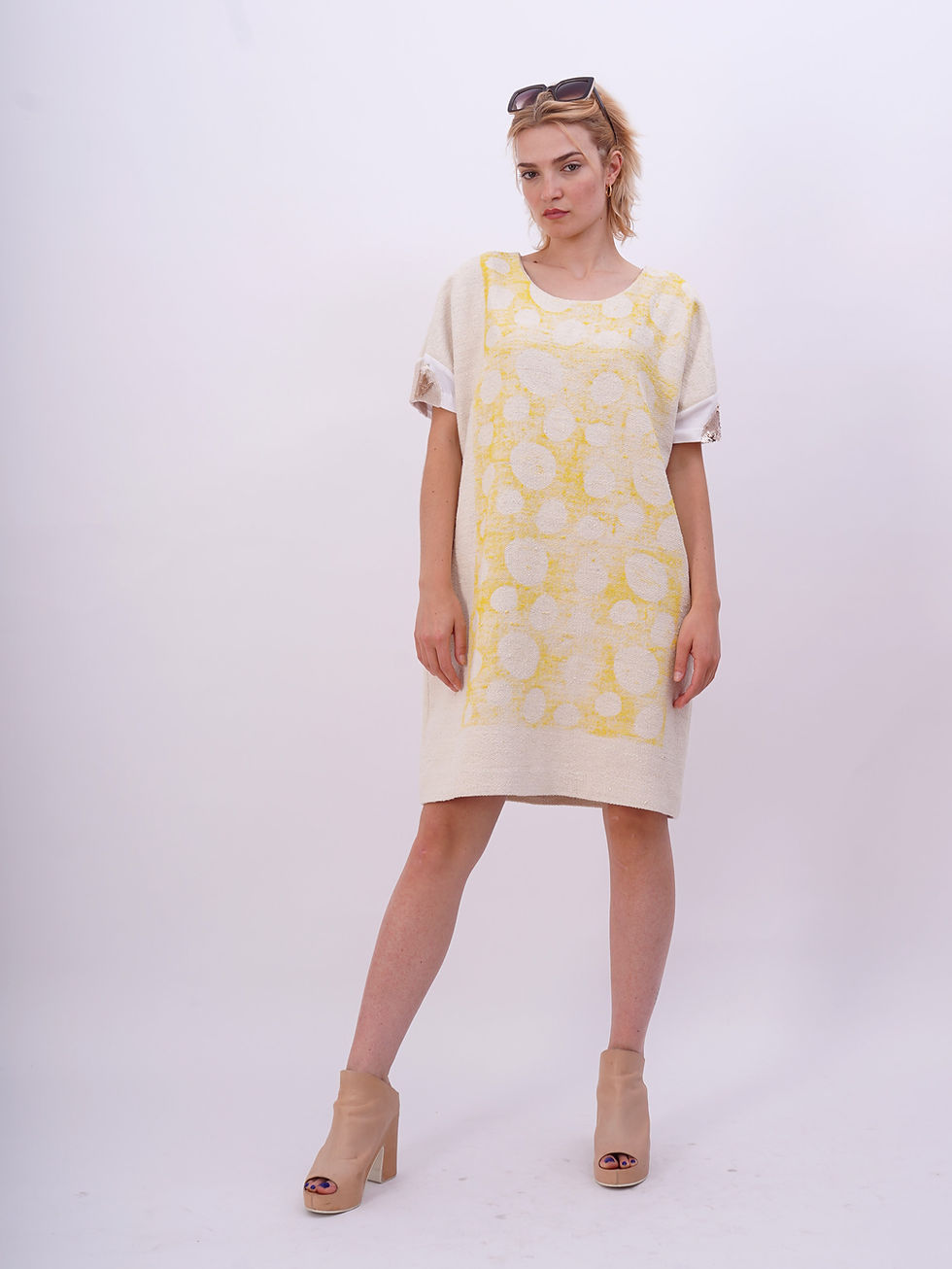 Thumbnail: Silk Dress in Ecru with Linoprint and Sequins