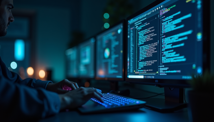 Eye-level view of a computer screen displaying code with AI and cybersecurity symbols