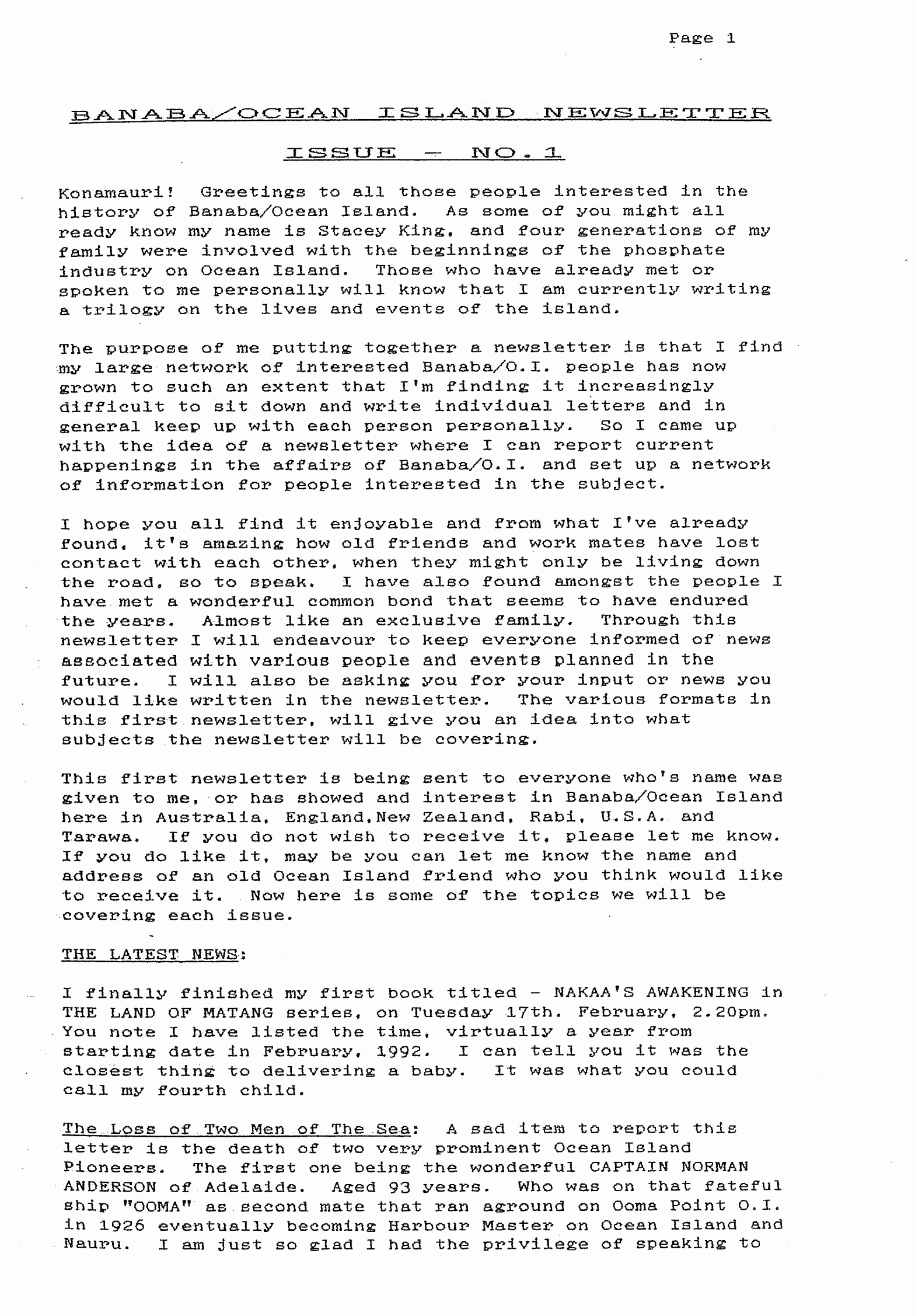 No. 1 Banaba/Ocean Island News Feb-Mar 1993