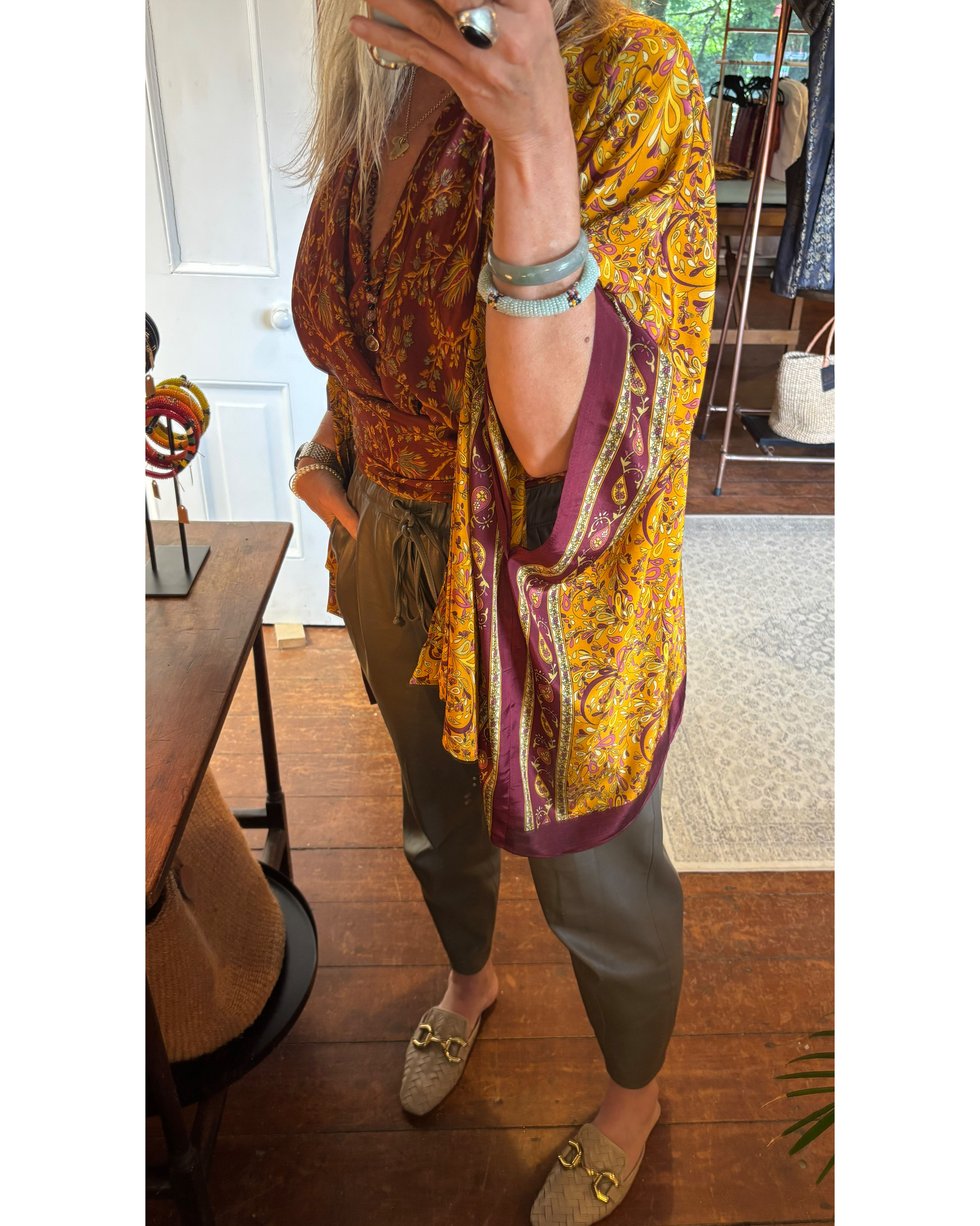 Handmade Mustard and Maroon Paisley Indian Silk Kimono
