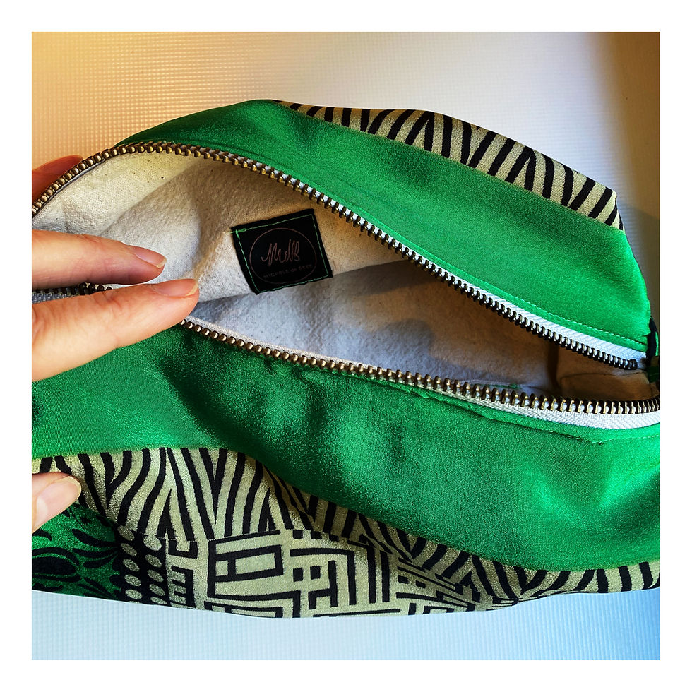 Handmade Emerald Green and Zebra Print Indian Silk Toiletry Bag inside