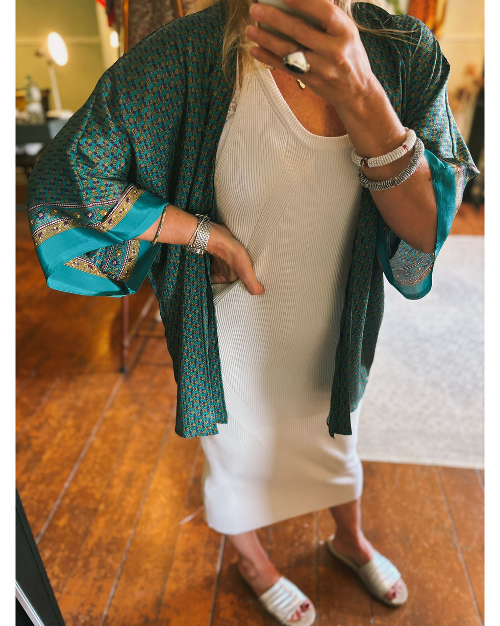 Teal Indian Silk Kimono on model