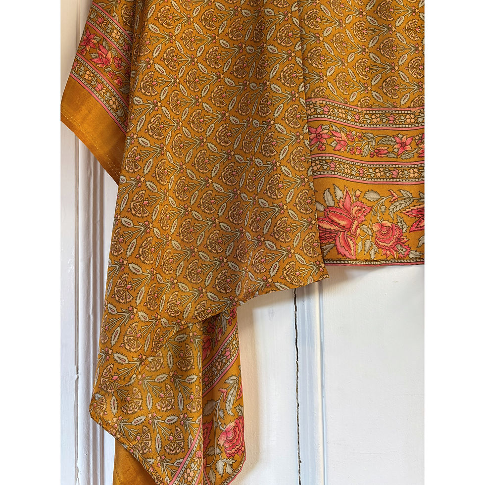 Thumbnail: Gold with silver and peach lattice Indian Silk Kimono hem close up