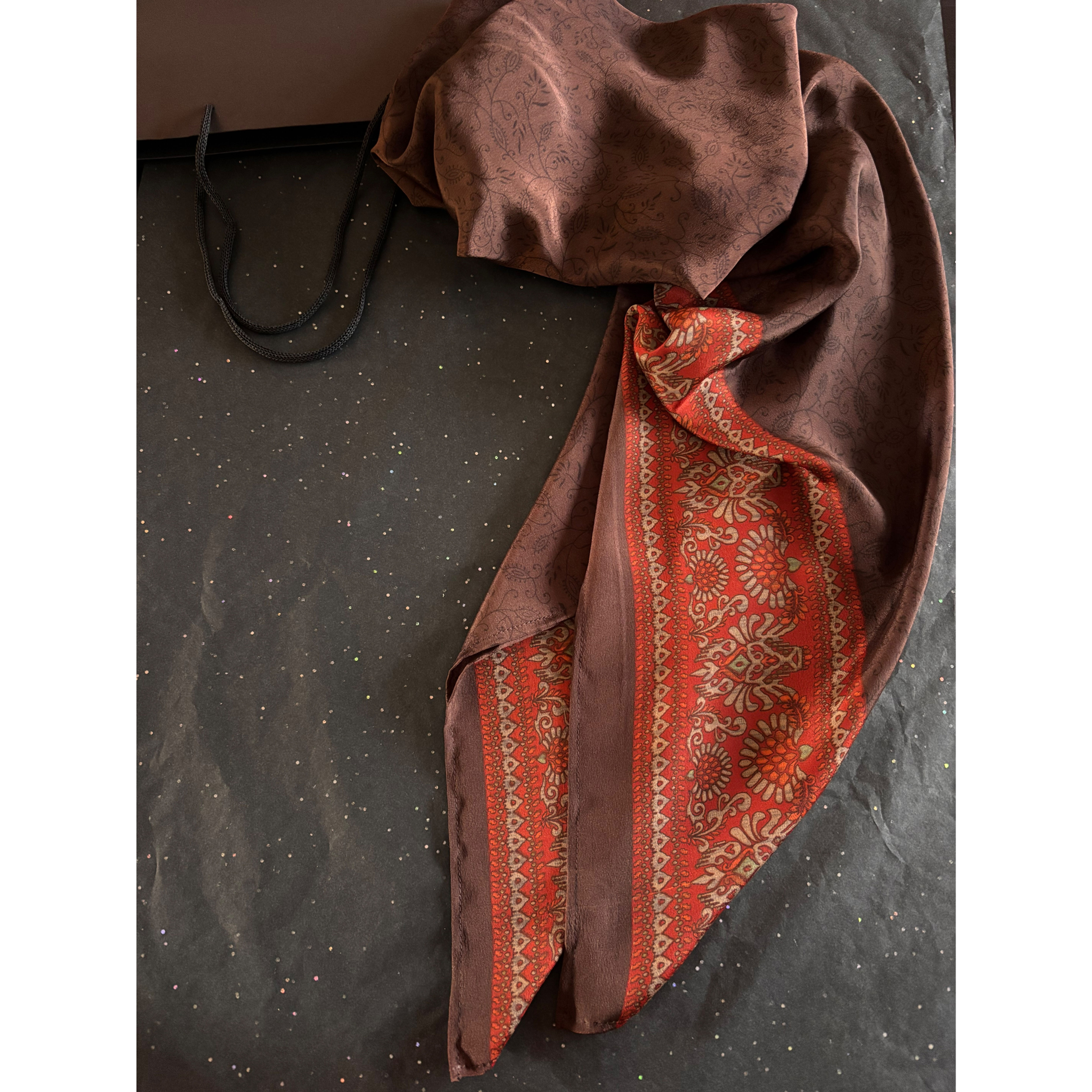 Handmade Chocolate Brown and Rust Indian Silk Scarf with packaging
