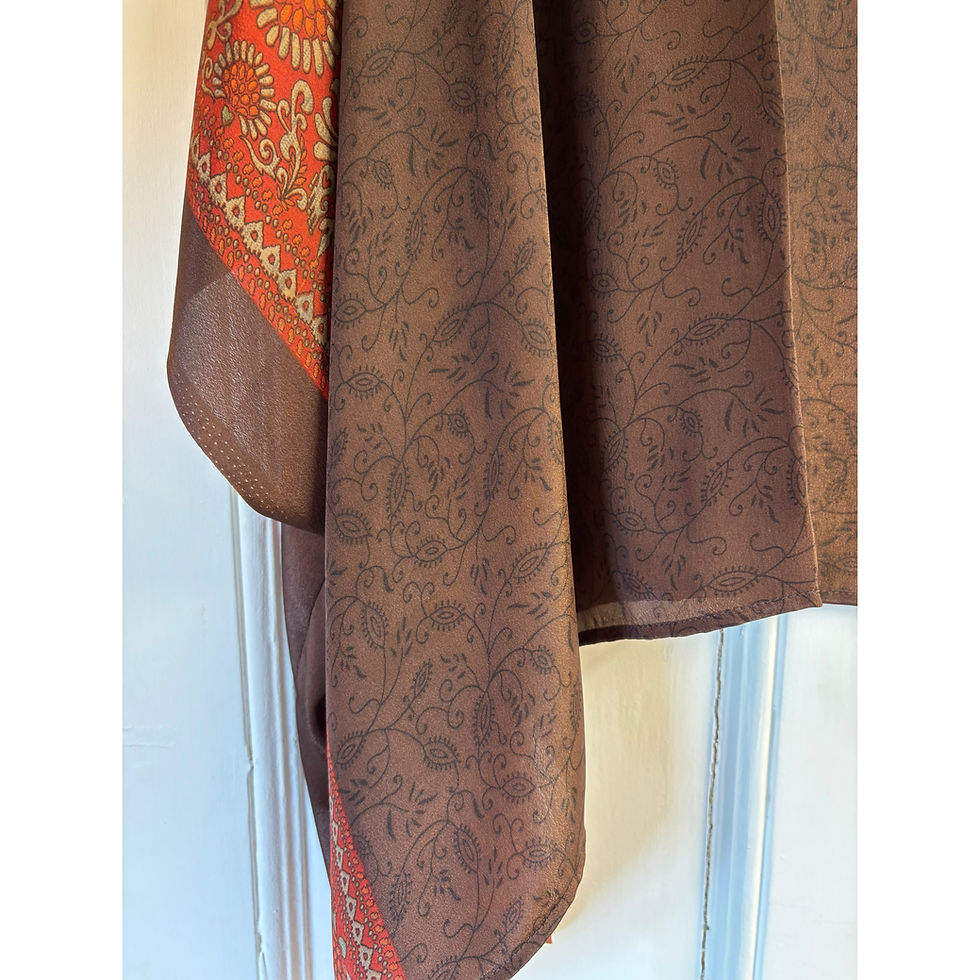 Thumbnail: Handmade Chocolate Brown Indian Silk Draped Kimono hem close up