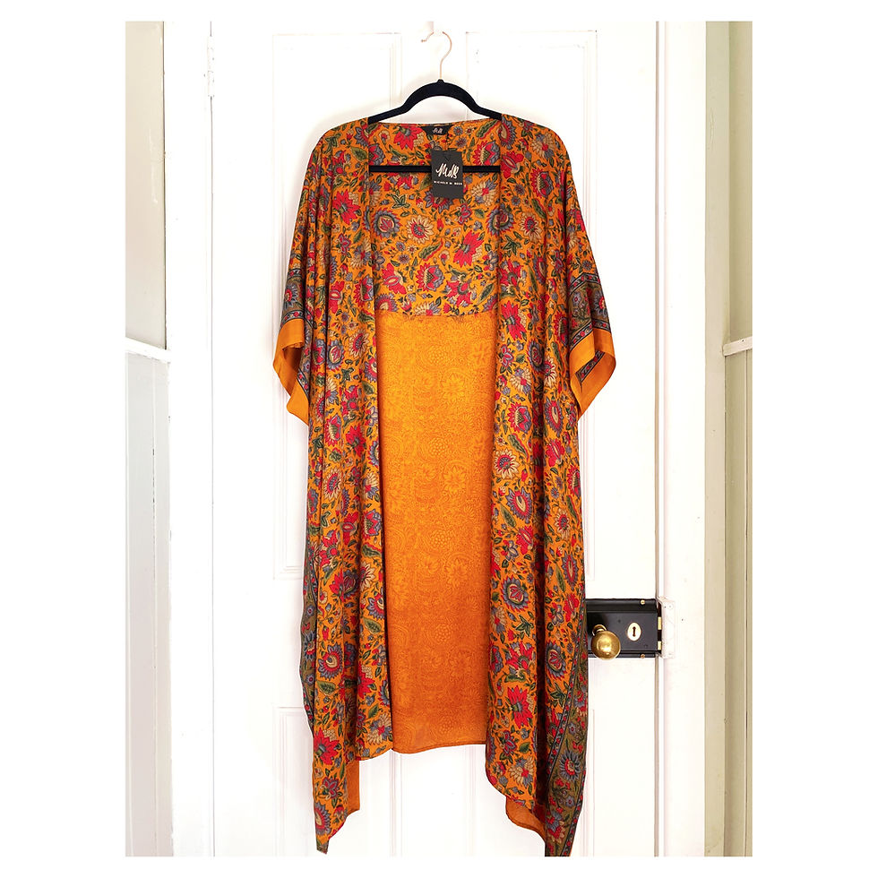 Thumbnail: mustard silk kimono front view