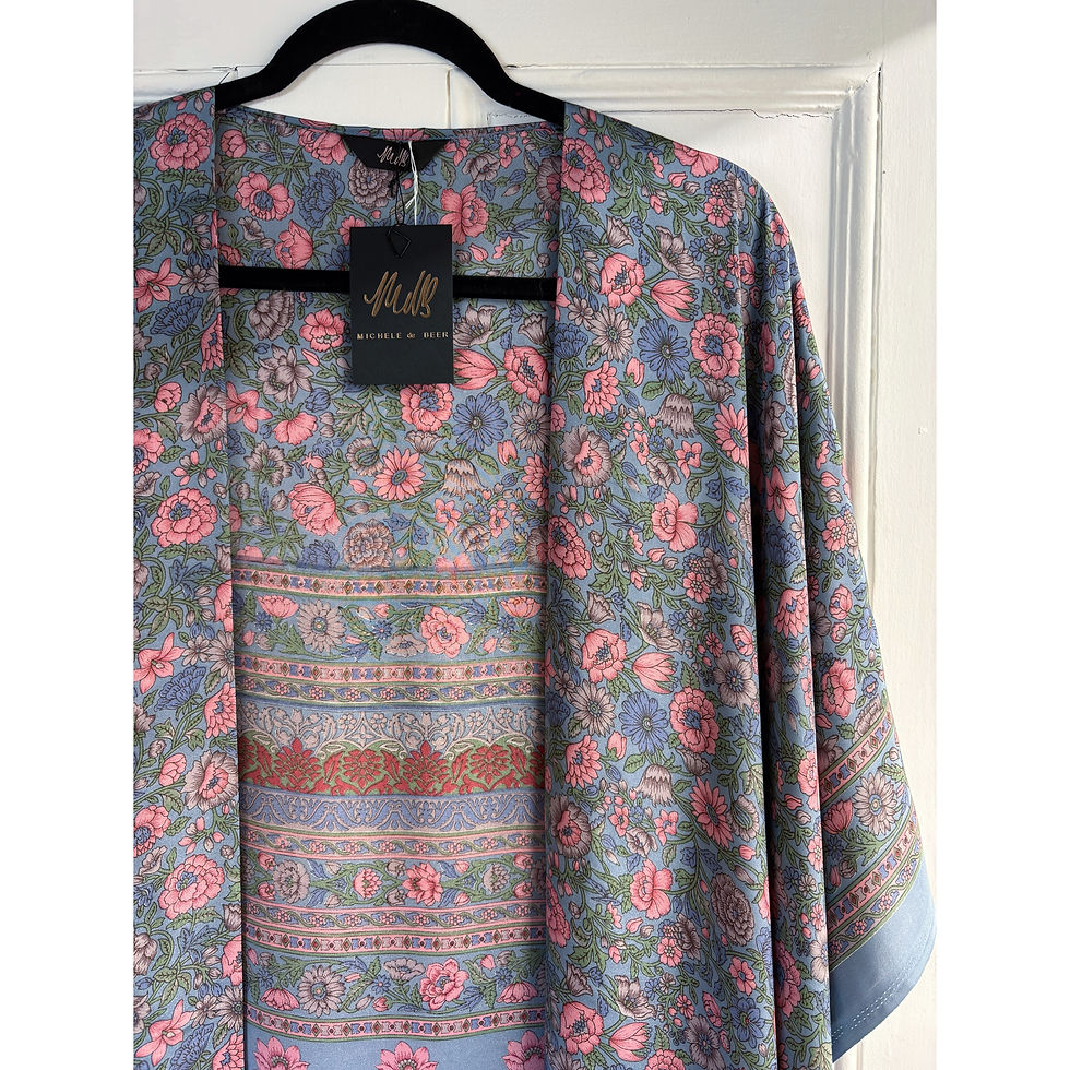 Thumbnail: blue and pink floral silk kimono close front view