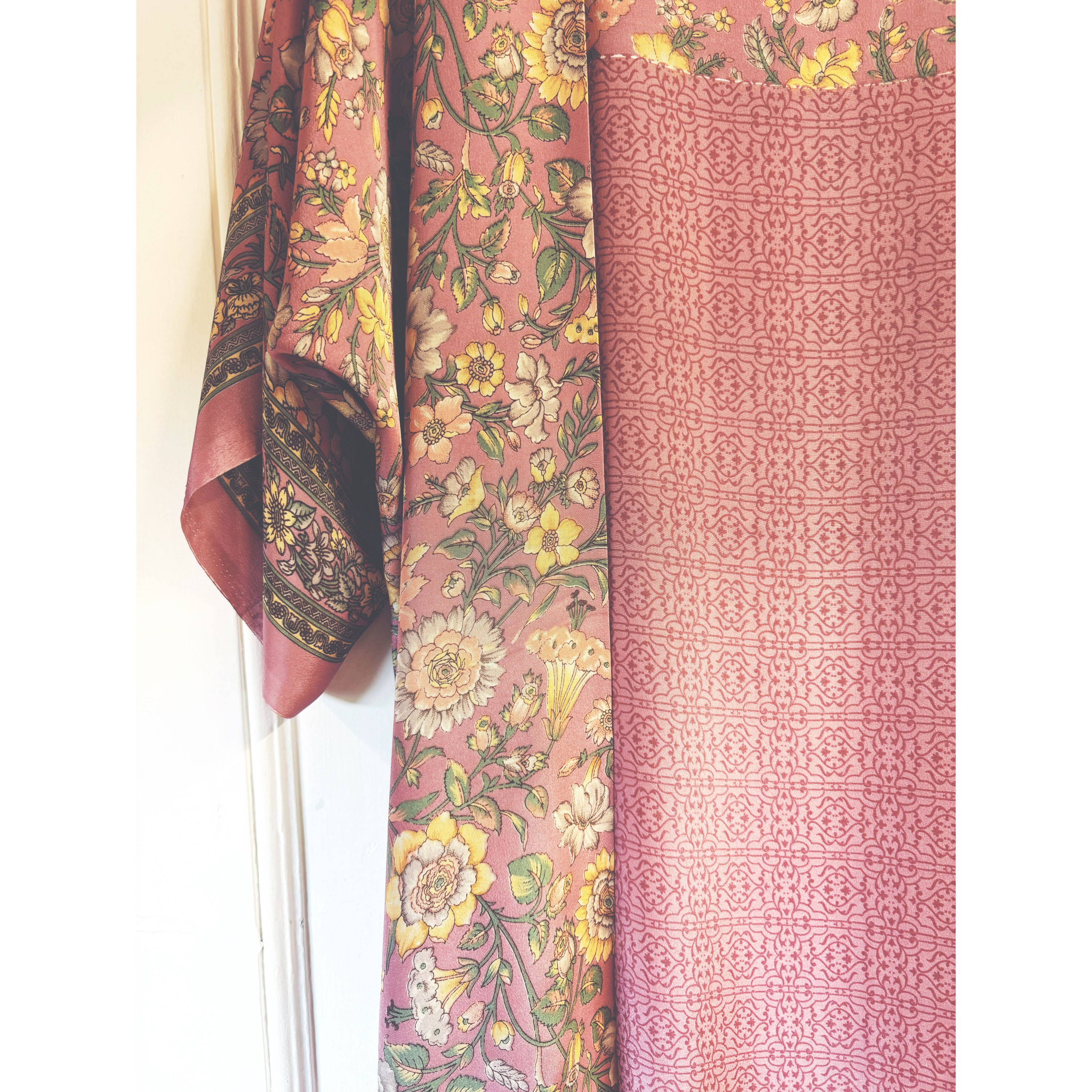 Antique Rose Pink and Butter Yellow Floral Silk Kimono