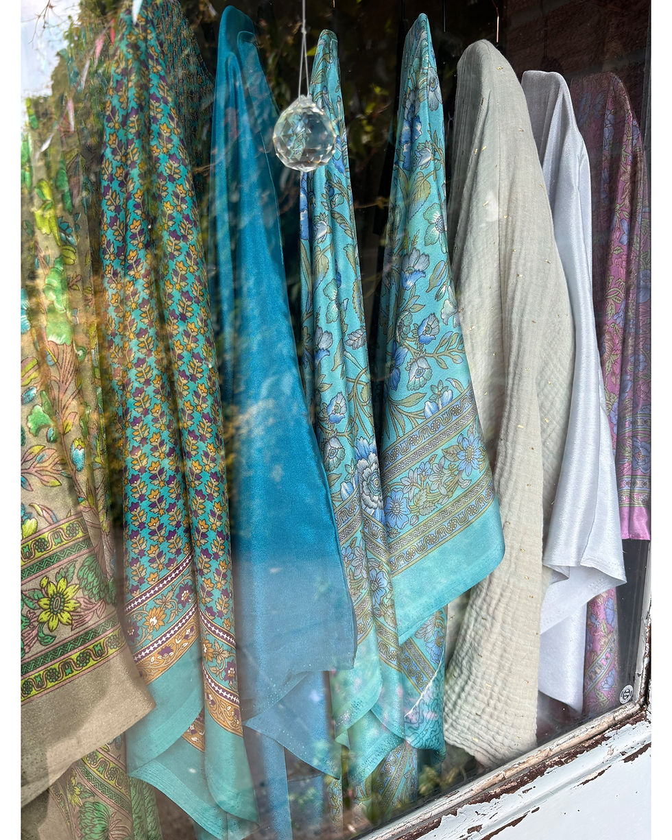 Thumbnail: selection of blue silk kimonos in window