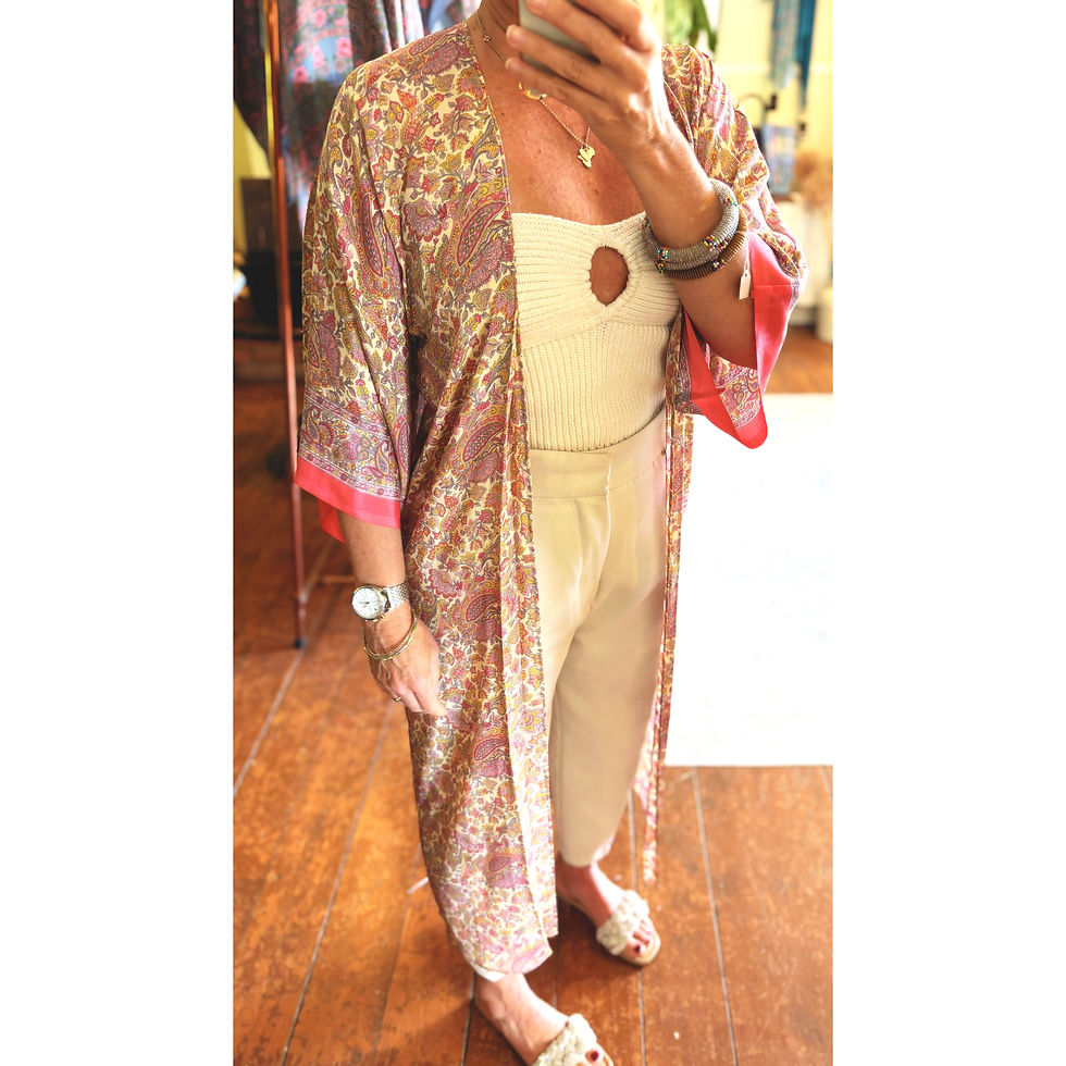 Handmade Coral Paisley full length Silk Kimono with regular sleeve on model side view