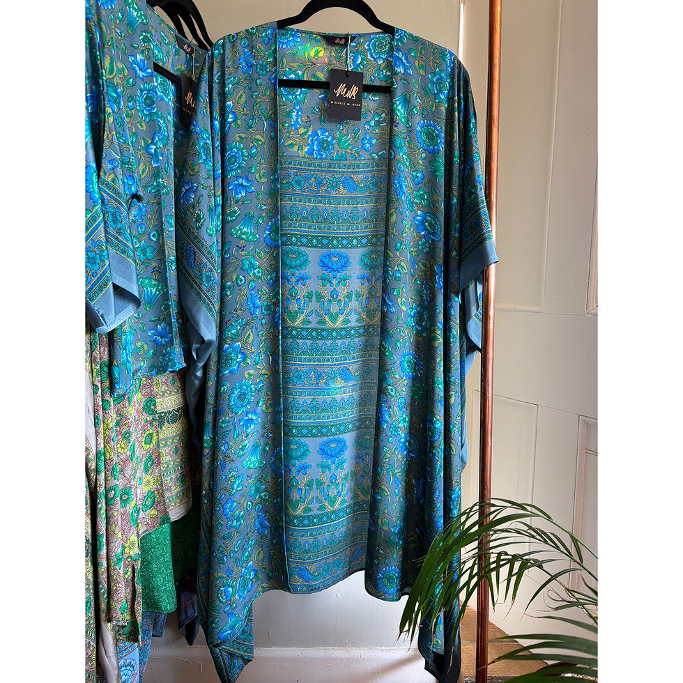 denim and royal blue floral silk kimono front view