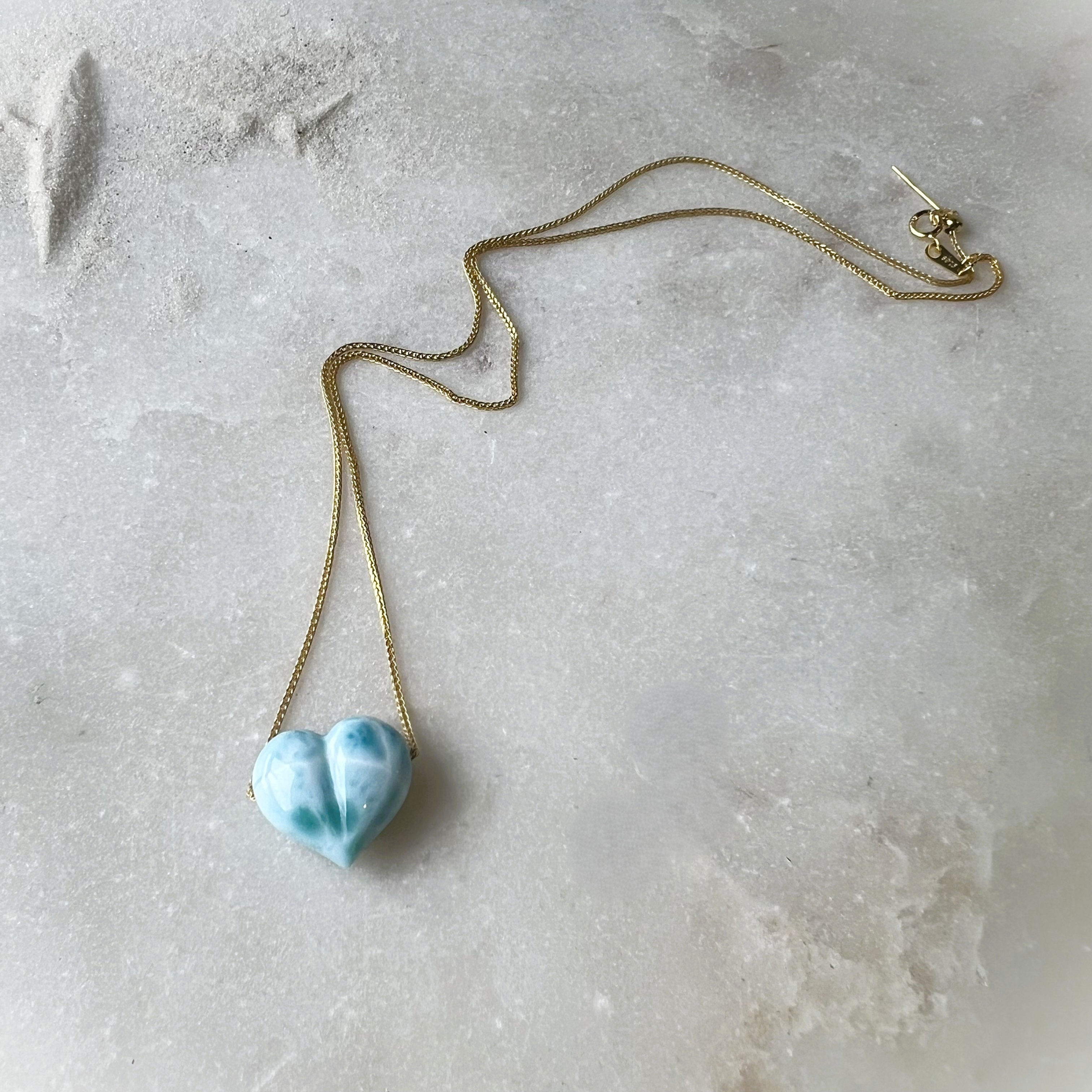 HQ Larimar Puffy Heart Pendant with Gold S925 Silver Chain - Dominican Republic