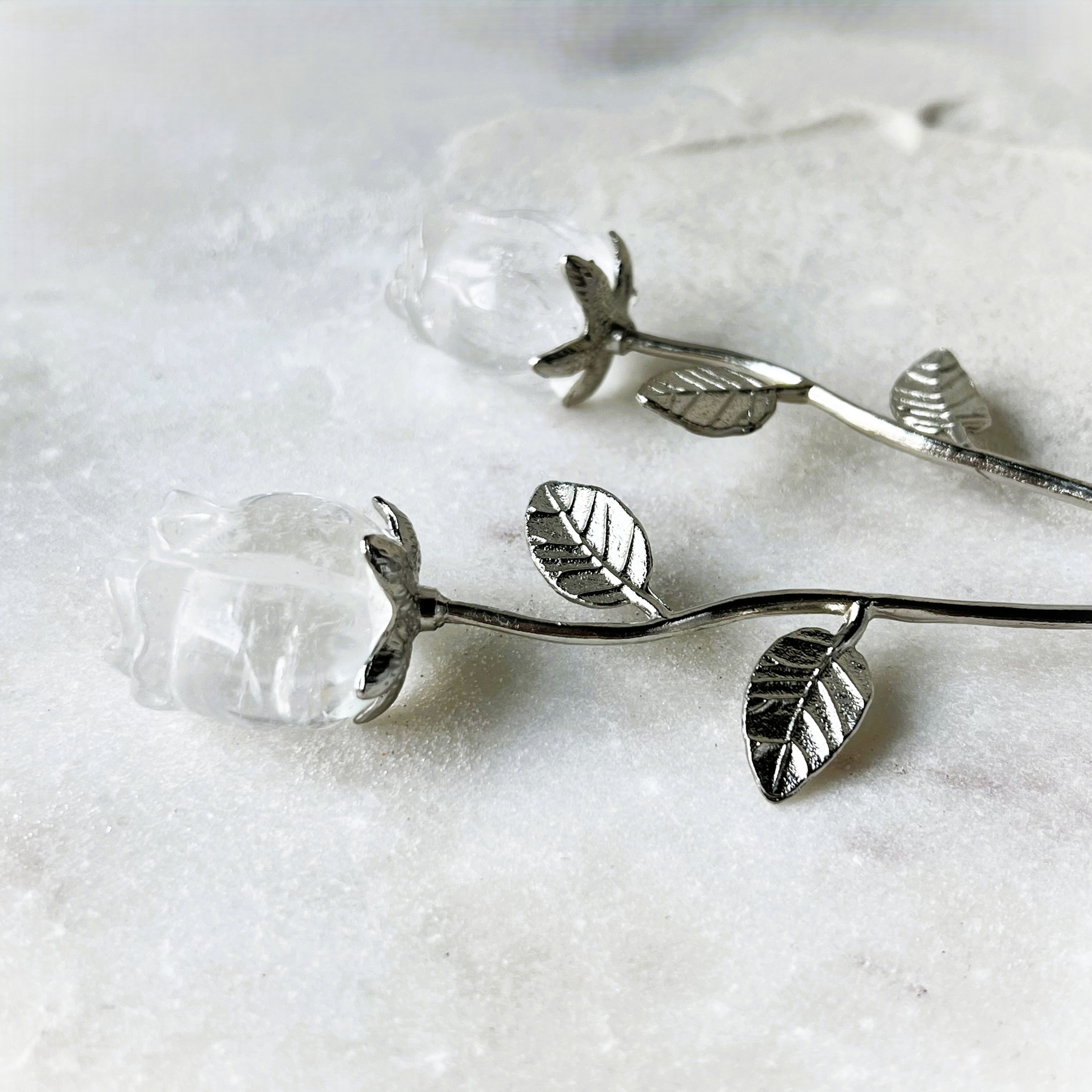 Small Clear Quartz Silver Stem Crystal Rose