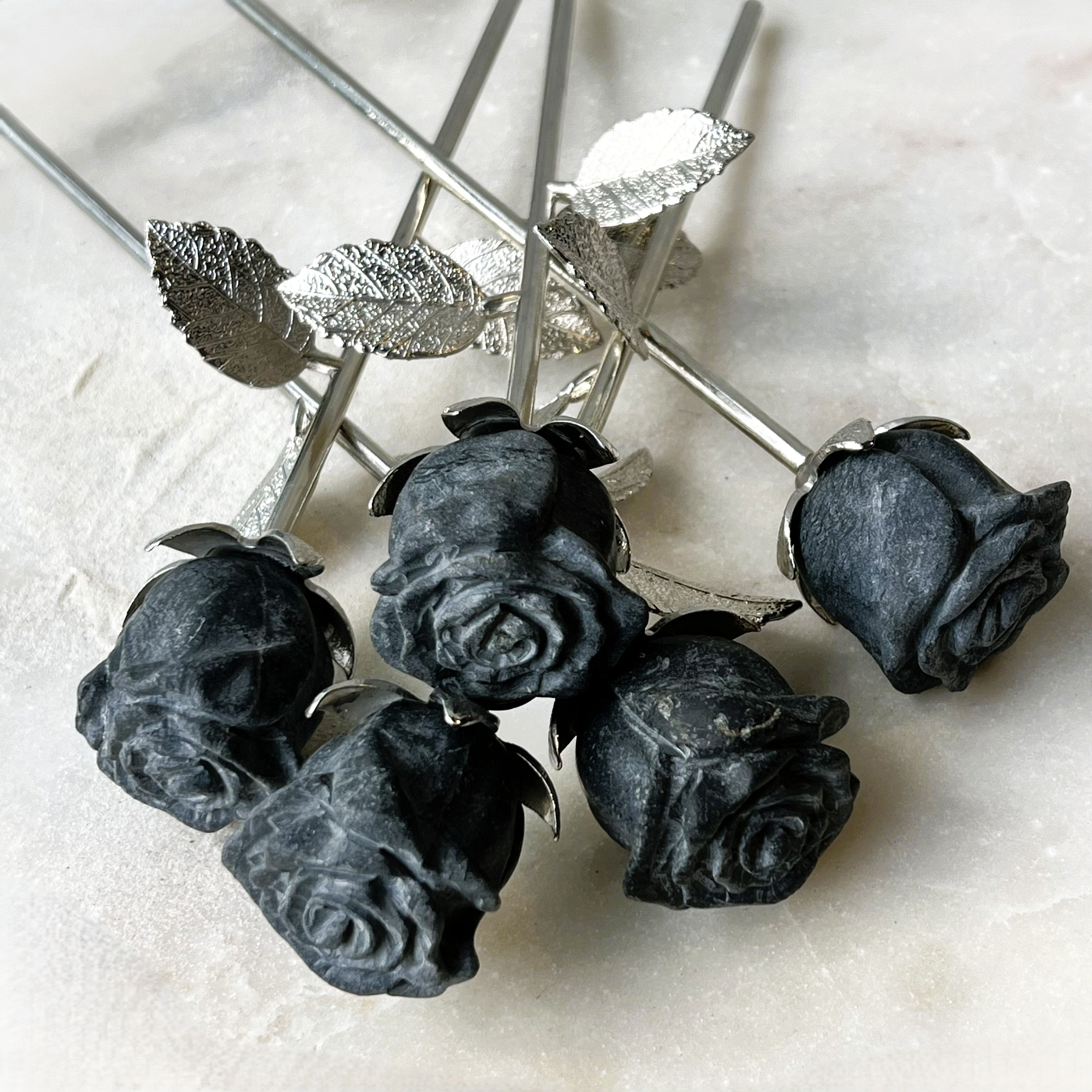 Matte Black Agate Silver Stem Rose