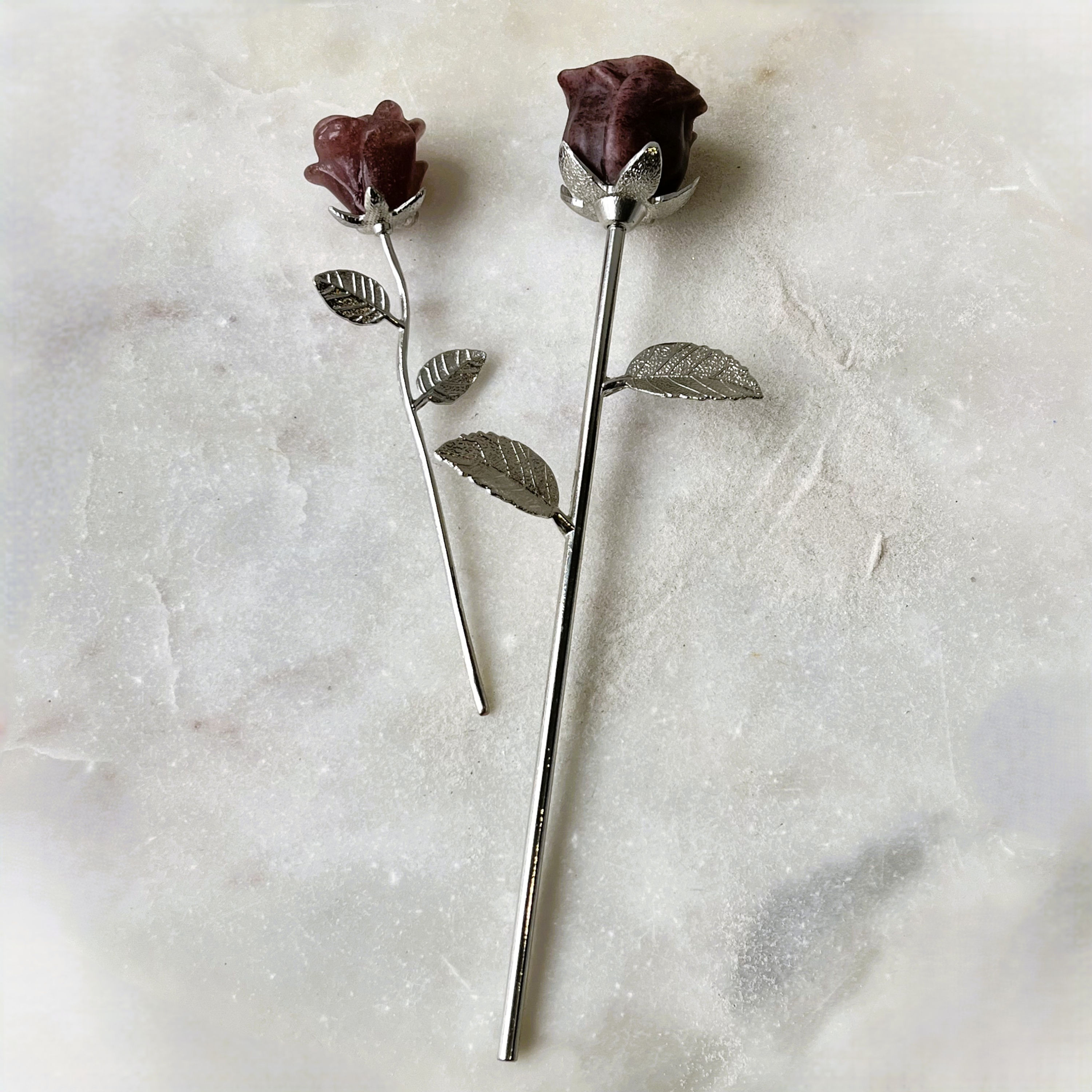 Small Strawberry Quartz Silver Stem Crystal Rose