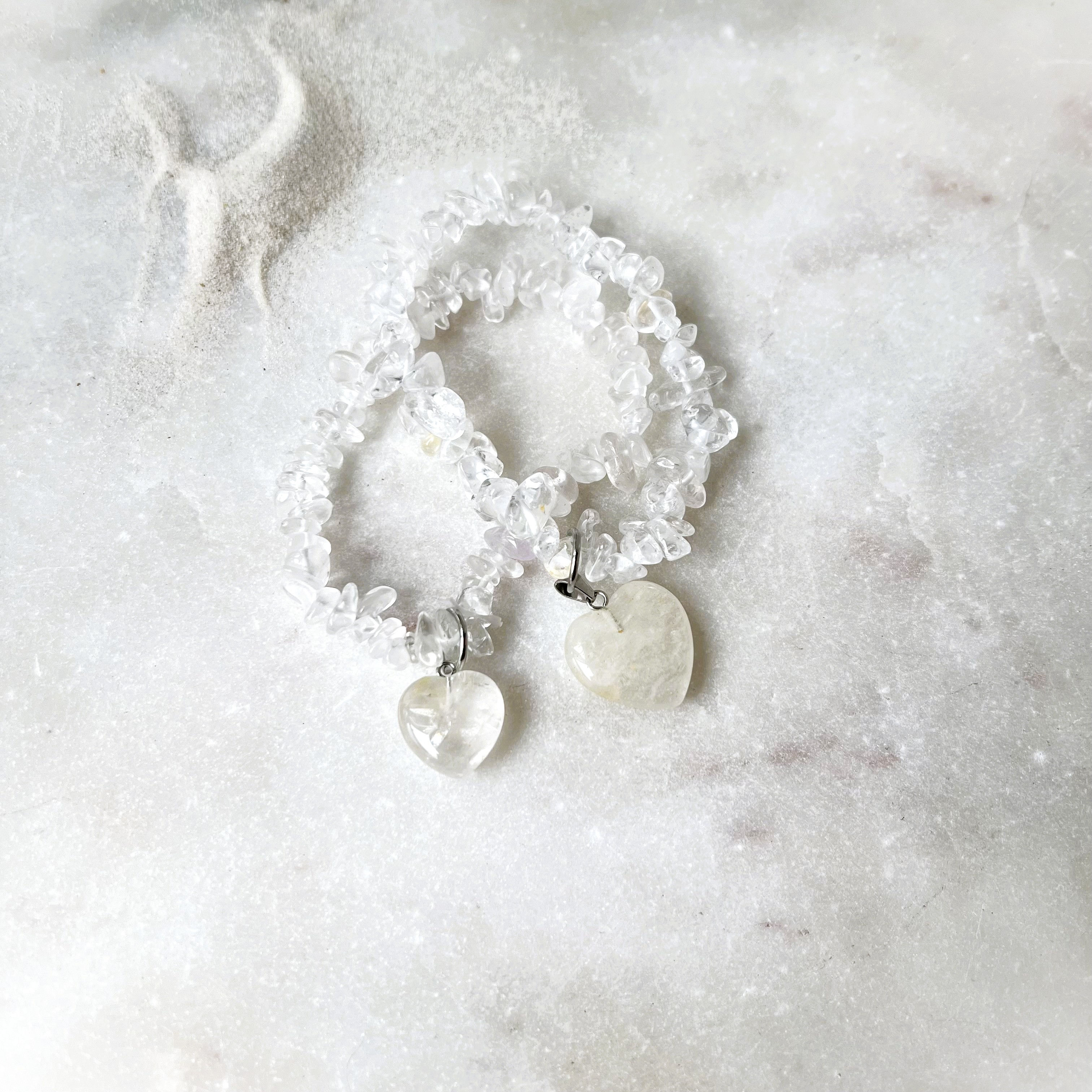 Clear Quartz Chip Bracelet with Heart Charm