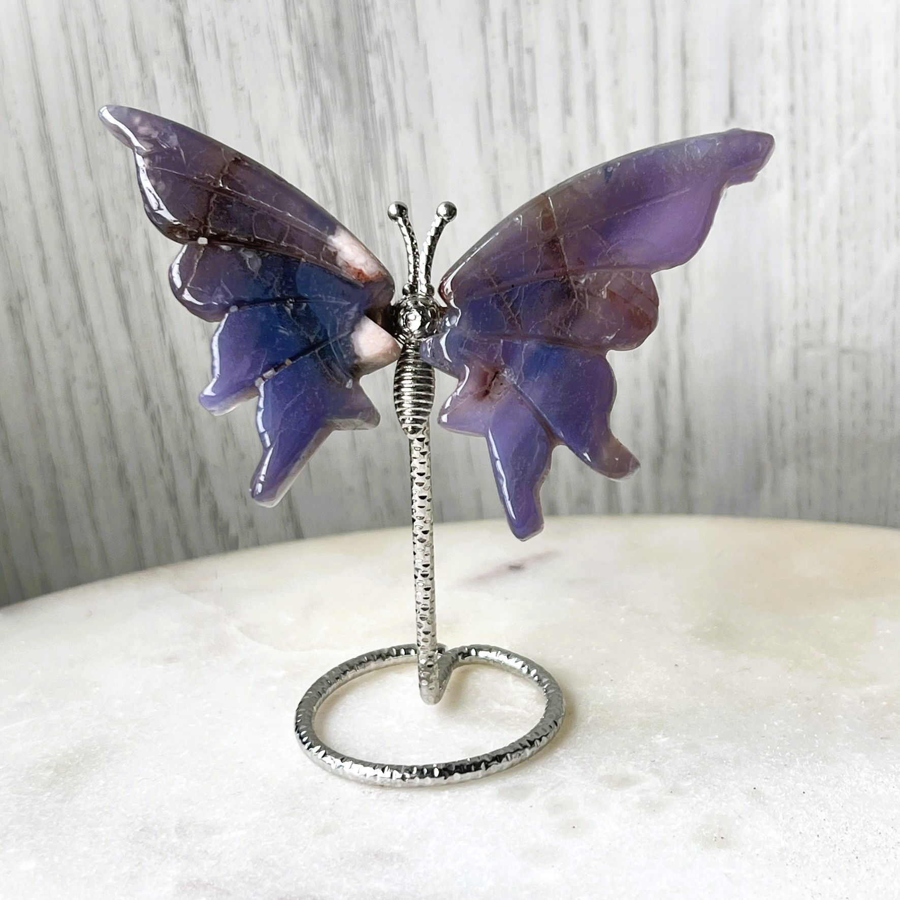 Purple Cherry Blossom Agate Butterfly on Stand