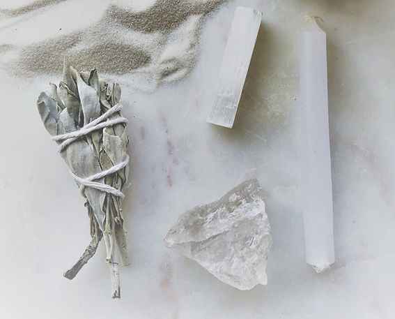 Cleanse crystal set, palo santo, selenite crystal want, clear quartz crystal, ritual candle