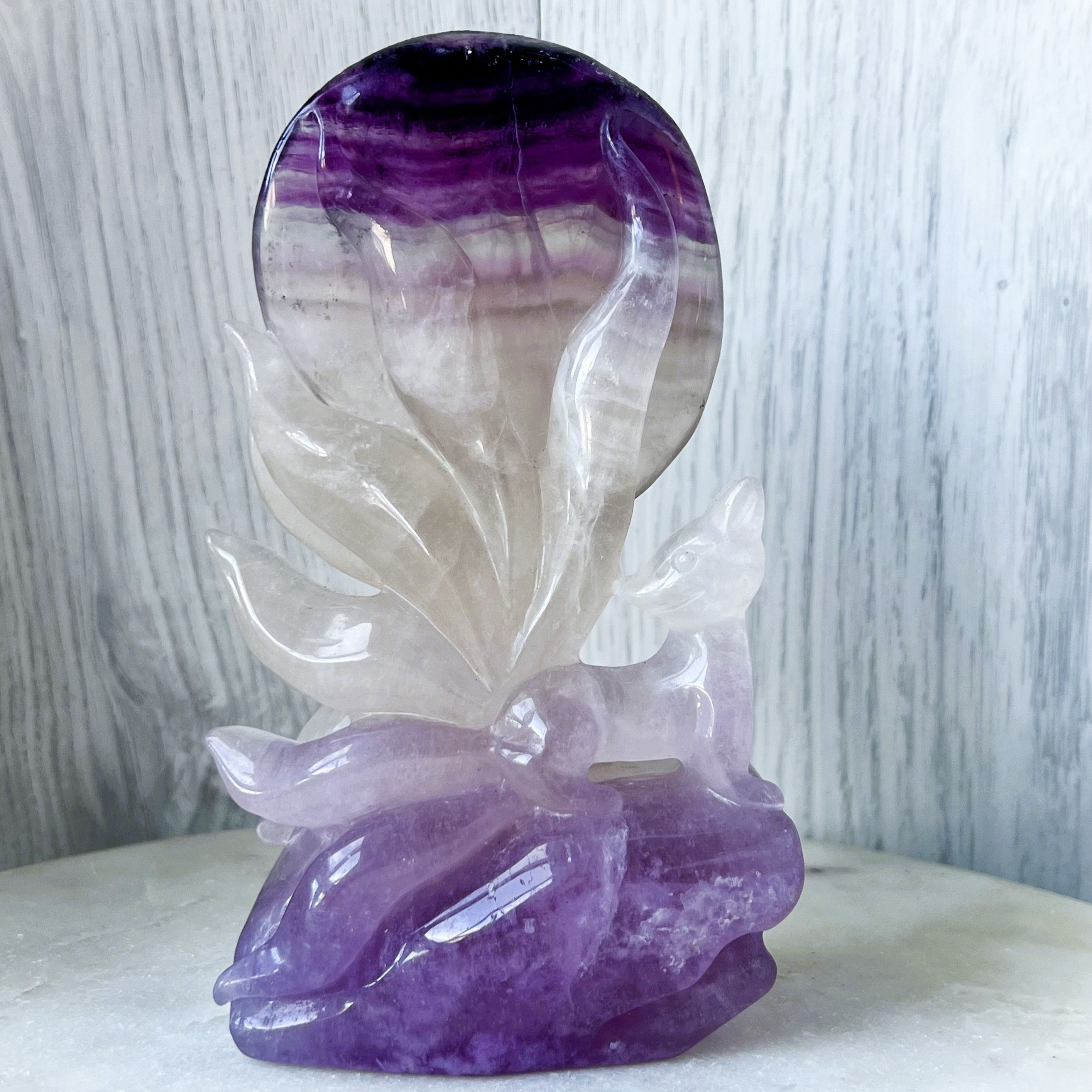 Purple Fluorite Nine Tailed Fox with Moon