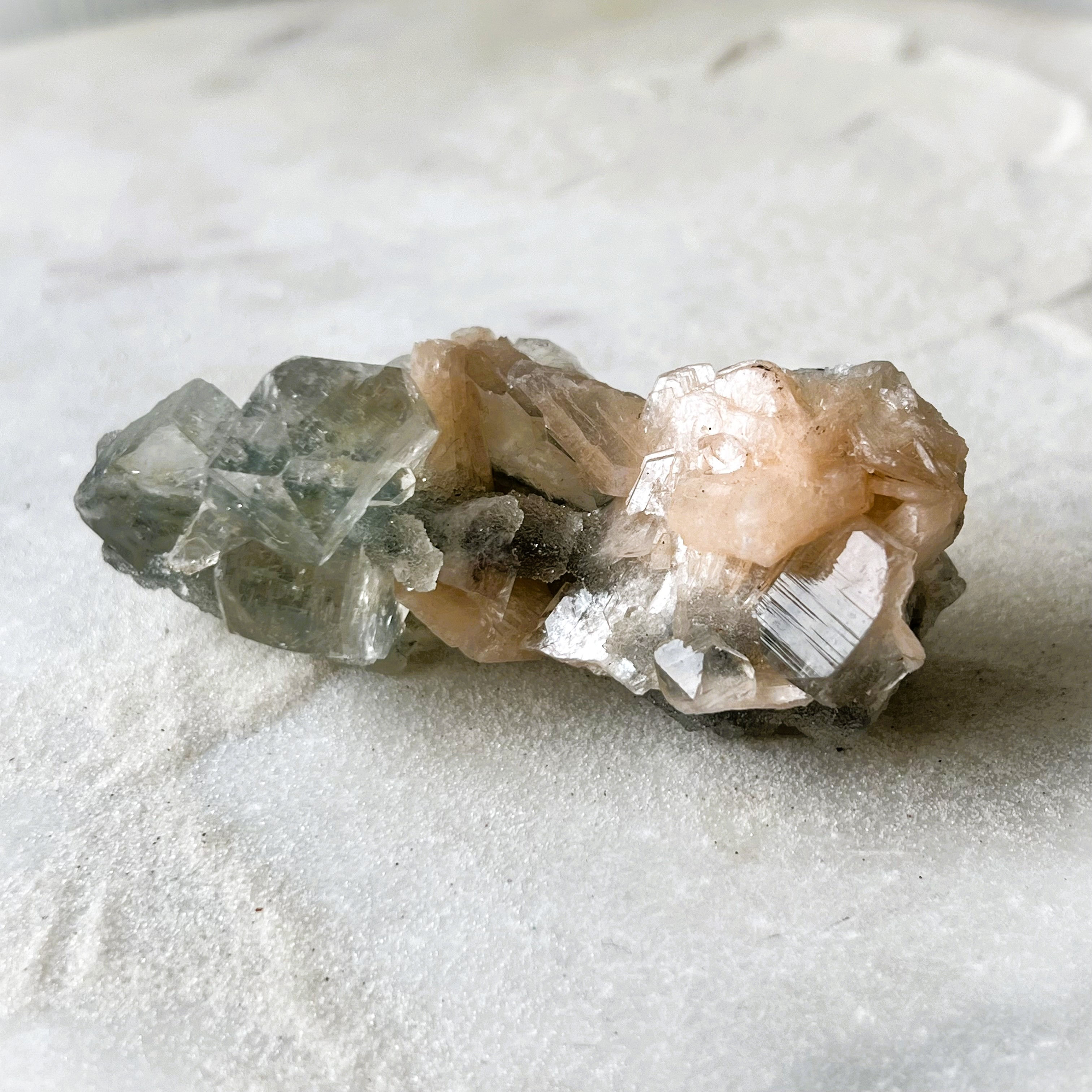 Peach Stilbite with Apophyllite on Blue Chalcedony — Nashik, India