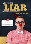 Cover of the book 'Written by a Liar', authored by Alexandre Gyurkovits. Features a man wearing a white and red checkered shirt, black thick-framed glasses, a white bow tie, and a clown nose, symbolizing how people are often treated or perceived as clowns. The book delves into subtle manipulation patterns and offers guidance to develop critical awareness and protect one's truth.
