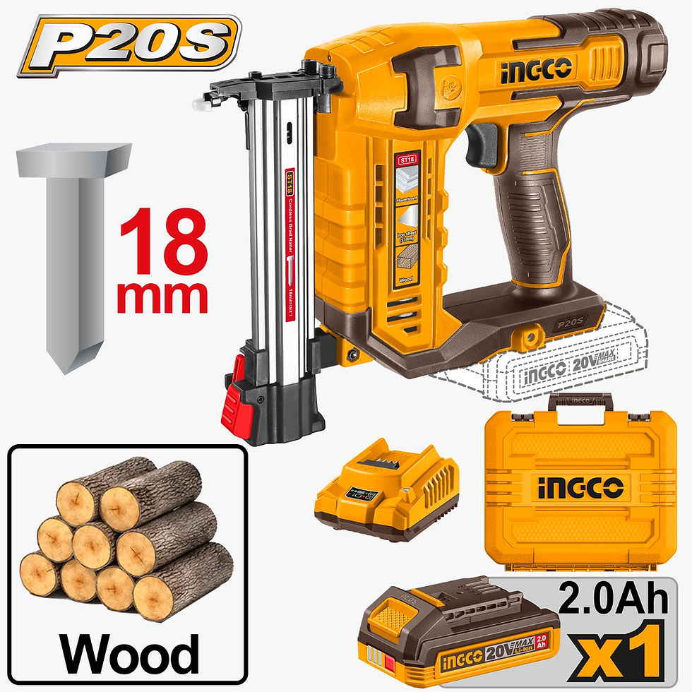 INGCO 20V Cordless Concrete/Wood Nailer, 2.0Ah Battery & Charger, Case and 18mm Nails.