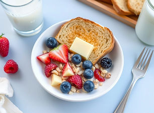 cereal, toast, fruit, water, milk, butte