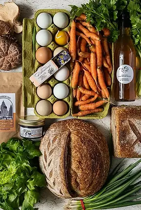 photo of farm produce, eggs and bread
