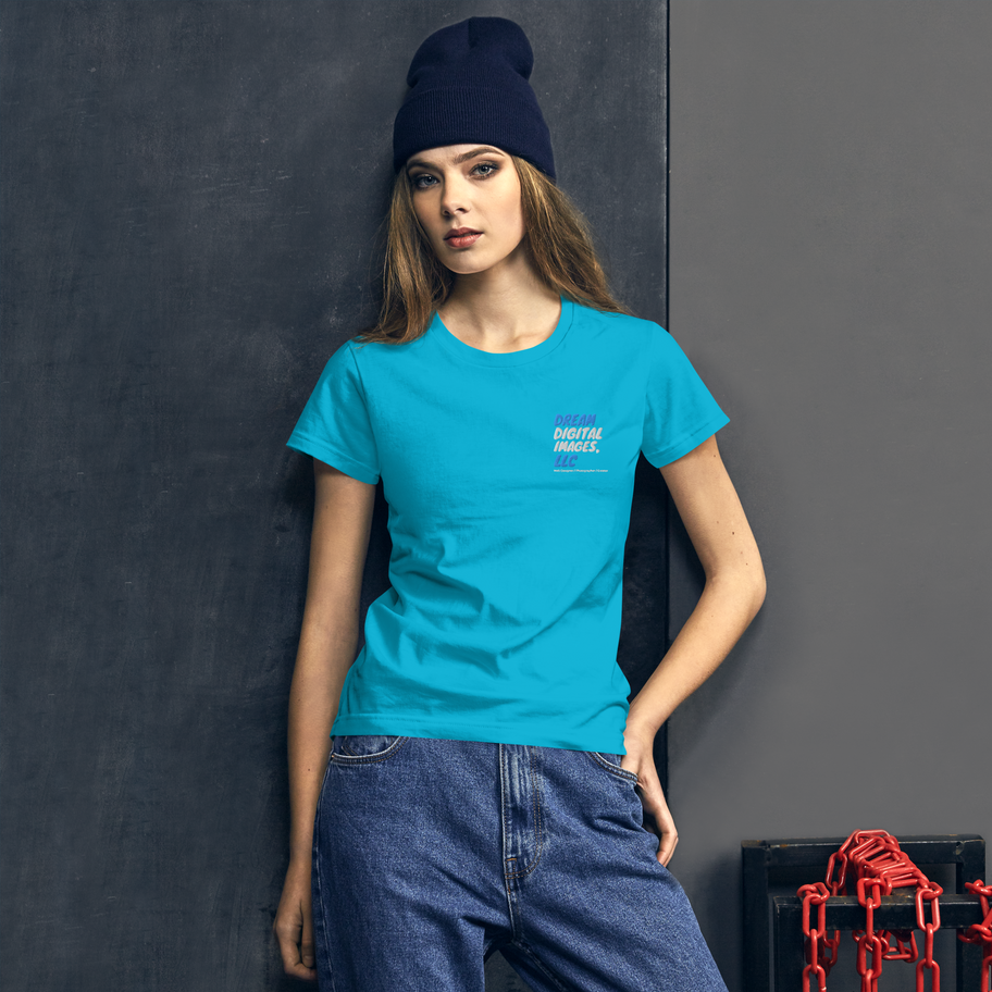 Woman in teal t-shirt with logo