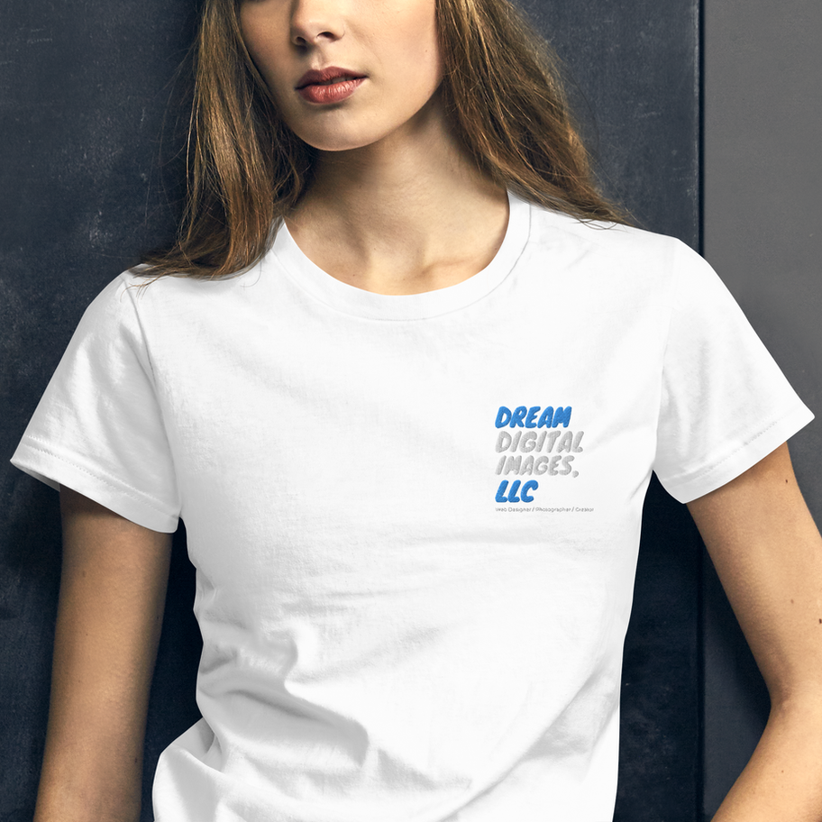 Woman in white Dream Digital Images LLC t-shirt