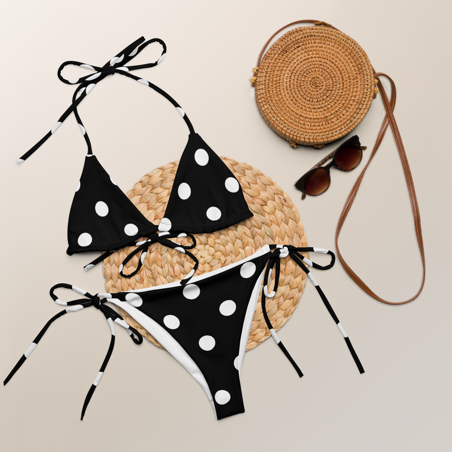 Black and white polka-dot bikini with accessories