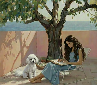 Woman writing dog sitting.png
