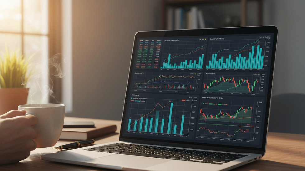 Close-up view of a laptop screen showing financial graphs and charts