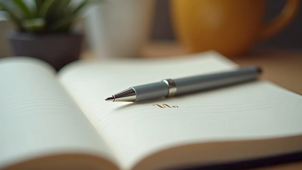 Vue rapprochée d’un carnet ouvert avec un stylo posé dessus, symbolisant l’écriture thérapeutique