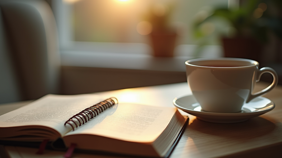 Eye-level view of a cozy corner with a journal and a cup of tea