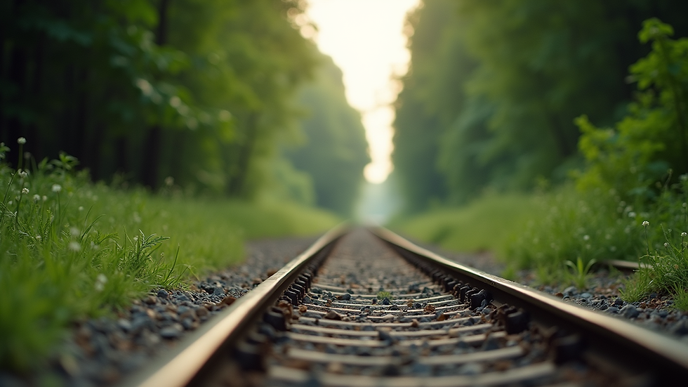 Wide angle view of a scenic railway path surrounded by greenery