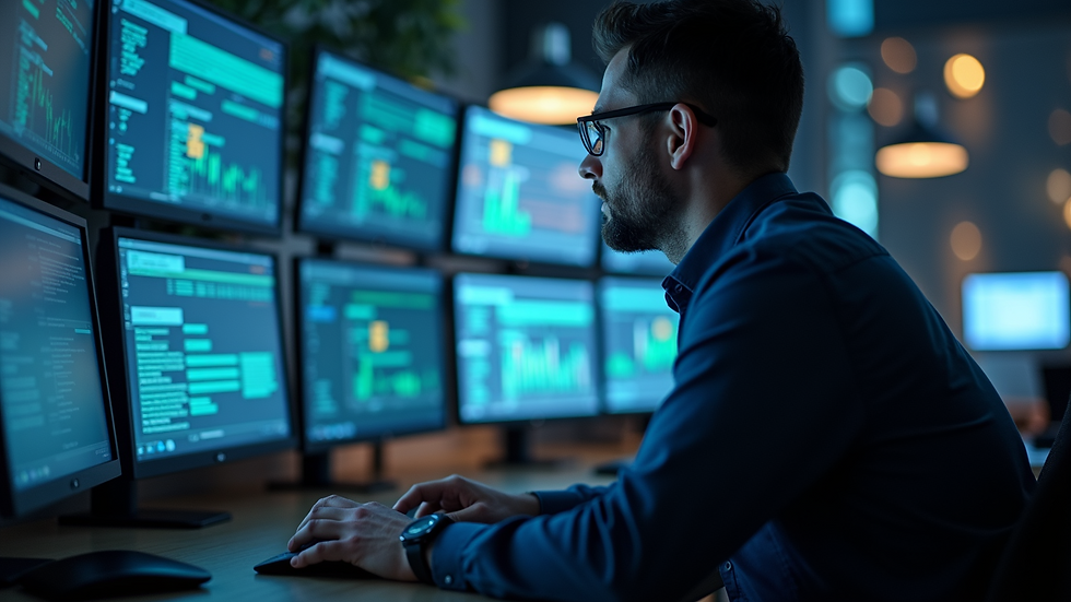 Close-up view of a cybersecurity professional monitoring network activity on multiple screens