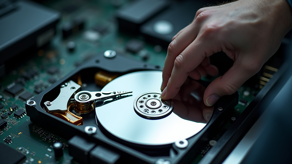 High angle view of a technician working on a computer hard drive