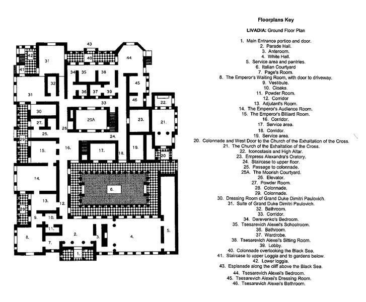 Floor plan of Livadia's ground floor with labeled rooms and a key. Includes courtyards, halls, and suites. Black and white layout.