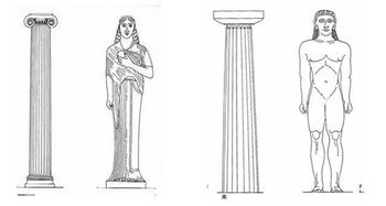 Two columns paired with statues: Left, Ionic column and draped female statue; right, Doric column and male nude statue; minimal line art.