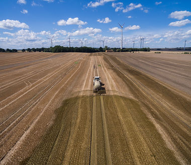 tractor with a trailer fertilizes a freshly plowed agriculural field with manure