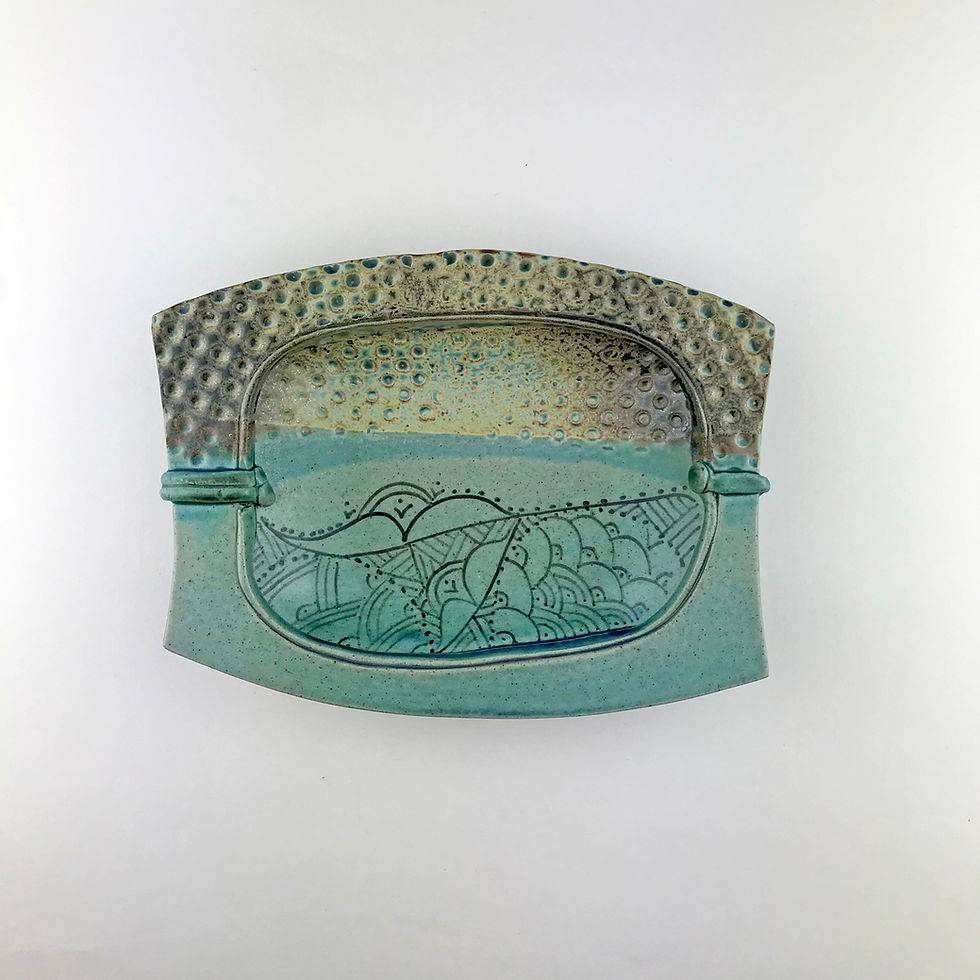 Thumbnail: Footed rectangular textured and deco dish in blues and greys by Donna and Jeff Tousley