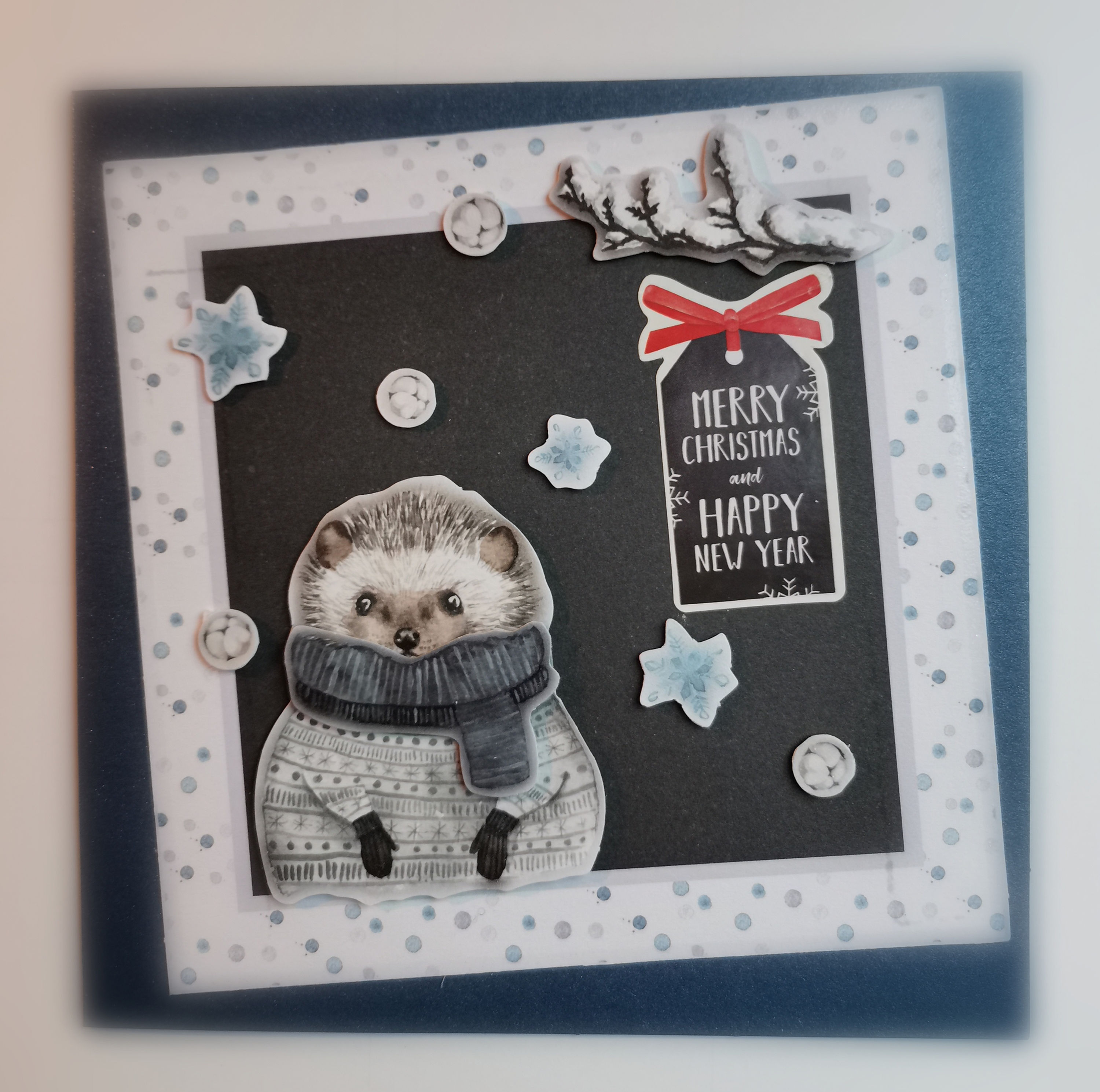 Herisson blanc "Merry Christmas and Happy New Year"