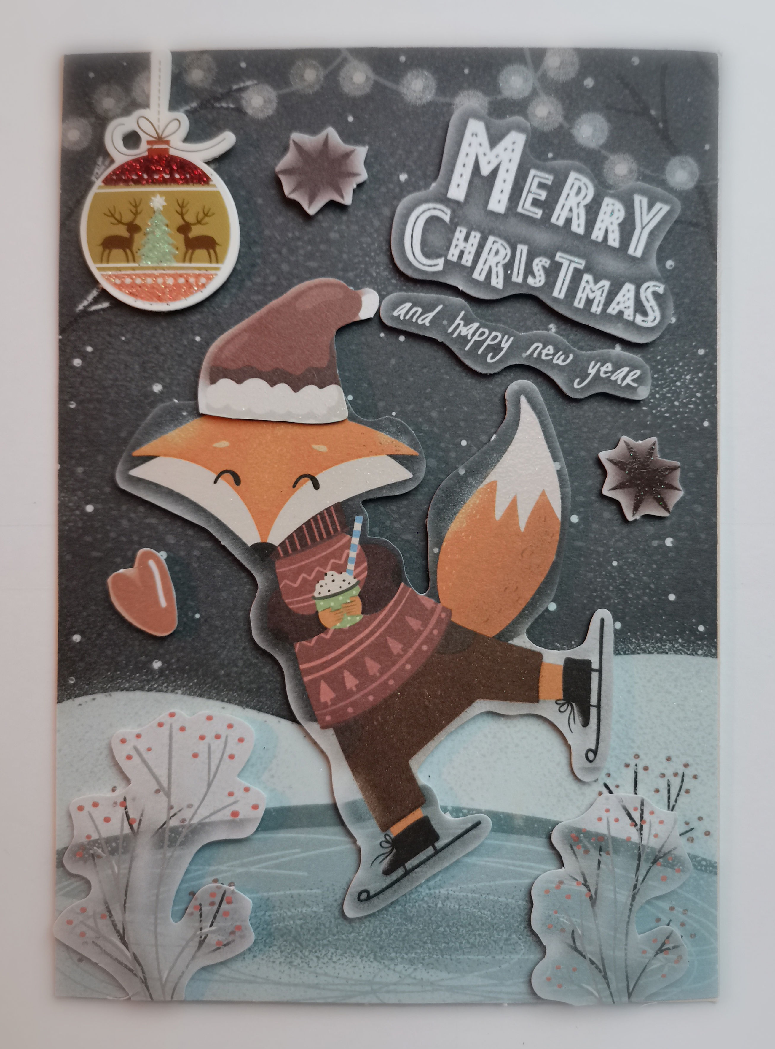 Renard patineur "Merry Christmas and Happy New Year"